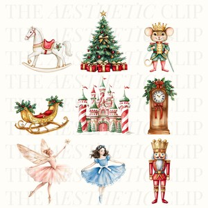 May include: A set of nine watercolor illustrations featuring Christmas themes. The illustrations include a rocking horse, a Christmas tree, a mouse soldier, a sleigh, a gingerbread castle, a clock, a fairy, a girl in a blue dress, and a nutcracker.