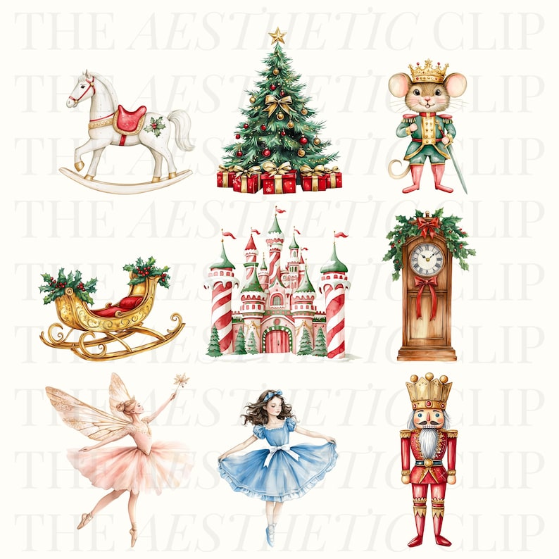 May include: A set of nine watercolor illustrations featuring Christmas themes. The illustrations include a rocking horse, a Christmas tree, a mouse soldier, a sleigh, a gingerbread castle, a clock, a fairy, a girl in a blue dress, and a nutcracker.