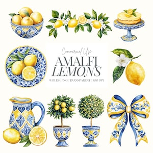 Clipart cytrynowy | Azulejos Lemons PNG | Włoskie cytryny | Cytryny Chinoiserie | Topiary | Niebieski i żółty | Akwarela | Lemoniada | 9 PNG