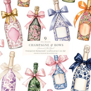 Champagne and Bows Clipart | Toile Champagne PNG | Prosecco | Floral Champagne | Bridal Shower | Wedding PNG | Coquette | 9 PNG