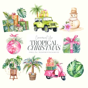 Clipart de Navidad tropical / PNG de Navidad en el océano / Navidad en la playa / Palmeras / Navidad en la isla / Navidad hawaiana / Adornos de playa / Paquete de clipart