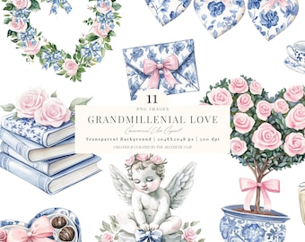 Grandmillennial Valentine Clipart | Romantic Designs | Chinoiserie Love | Toile De Juoy | 11 PNG