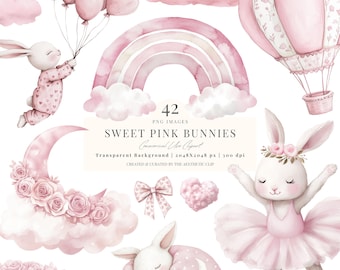 Niedliche rosa Häschen Clipart | Boho Rosa Häschen | Ballerina Häschen | Kaninchen-Babyparty | Aquarell schlafende Hasen | Kinderzimmer Hase | 42 PNG