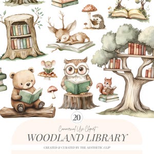 Animals Reading Books Clipart | Cute Woodland PNG | Forest Library | Classroom PNG | Woodland Nursery | Bear | Fox | Deer | 20 PNG