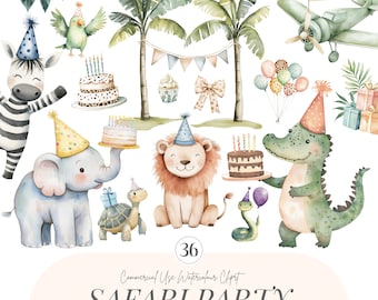 Safari Birthday Clipart | Cute Jungle PNG | Boho Jungle Clipart | Baby Shower | Safari Animals | Children&#39;s Birthday Clipart | 36 PNG