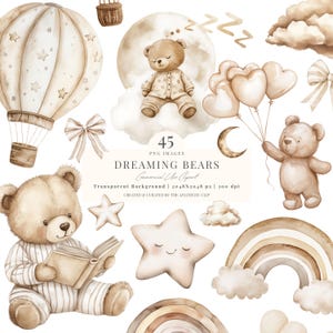 水彩テディベアのクリップアート | ニュートラルなベビーシャワーのクリップアート | ベージュの保育園のクリップアート | 眠っているクマ | 性別を問わない | 茶色のクマ | 45 PNG