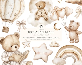 Clipart di orsacchiotto acquerello / Clipart neutro per baby shower / Clipart beige per cameretta dei bambini / Orsetti addormentati / Genere neutro / Orso bruno / 45 PNG