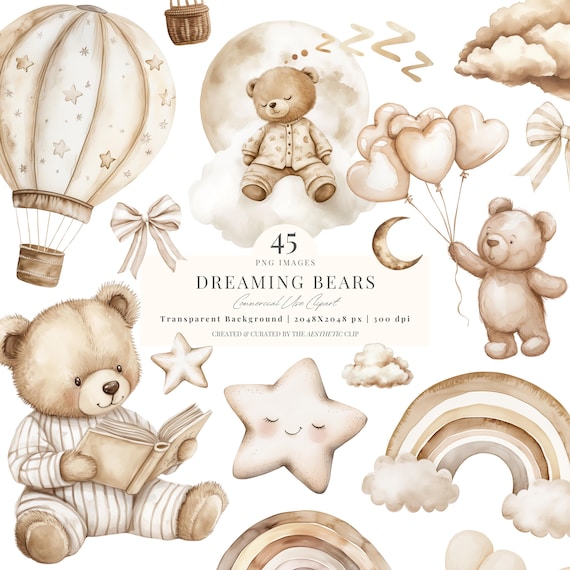 Watercolor Teddy Bear Clipart | Neutral Baby Shower Clipart | Beige Nursery Clipart | Sleeping Bears | Gender Neutral | Brown Bear | 45 PNG
