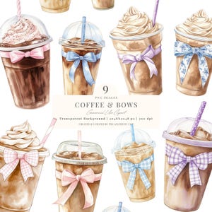 Coffee and Bows Clipart | Iced Coffee PNG | Watercolor Iced Coffee | Coquette Coffee | Toile Bow Coffee PNG | Pink Bow Iced Coffee | 9 PNG