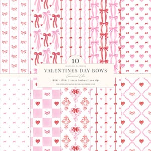 Puede incluir: Diez patrones sin costuras de San Valentín en rosa y rojo. Los diseños incluyen lazos, corazones y cintas sobre un fondo blanco. El texto dice "VALENTINES DAY BOWS" y "Commercial Use". Los patrones miden 30,48 x 30,48 cm.