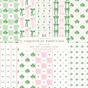 May include: A collection of ten seamless patterns in shades of green and pink, featuring shamrocks, bows, and checkered designs. The patterns are labeled "Coquette St. Paddy's Day" and are 12x12 inches.