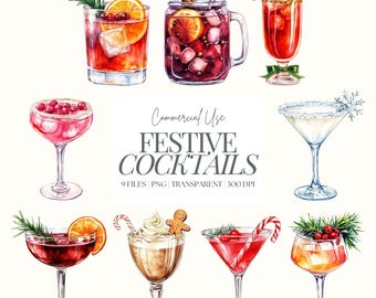 Festive Cocktails Clipart | Christmas Drinks PNG | Watercolor Cocktails | Winter Drinks | Christmas Bar Icons | Alcoholic Drink PNG | 9 PNG