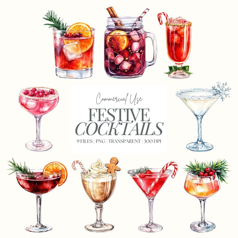 May include: Nine watercolor illustrations of festive cocktails, including a red and white candy cane, a cinnamon stick, and a gingerbread man. The text "Festive Cocktails" is written in black.