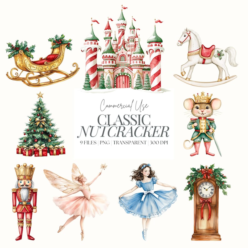 May include: A set of nine watercolor illustrations featuring classic Nutcracker characters and objects. The set includes a gingerbread house, a rocking horse, a nutcracker soldier, a mouse king, a Christmas tree, a sleigh, a ballerina, a clock, and a fairy.