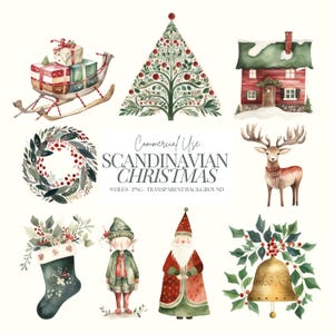 Clipart di Natale scandinavo / PNG di Natale carino / Natale popolare / Clipart di elfo di Babbo Natale / Albero di Natale popolare / Ghirlanda / Slitta / Calza / 9 PNG