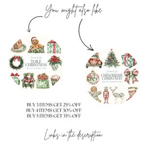 May include: Two digital paper packs with Christmas themes. The first pack features a toile pattern with a red and green color scheme. The second pack features a chinoiserie pattern with a red, green, and gold color scheme. Both packs include a variety of images, including wreaths, ornaments, presents, and Santa Claus.