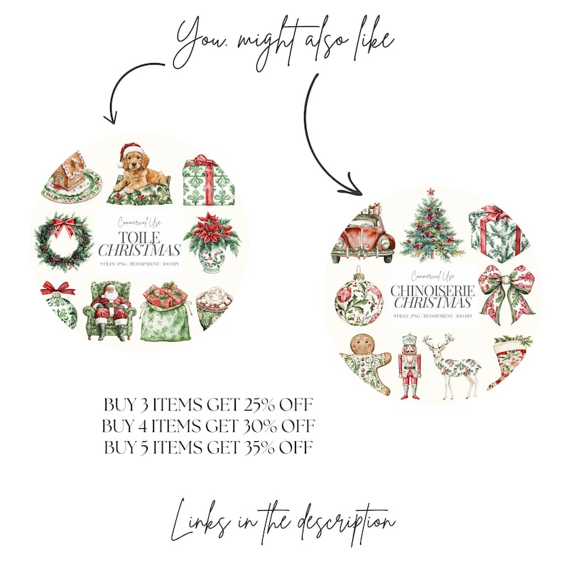 May include: Two digital paper packs with Christmas themes. The first pack features a toile pattern with a red and green color scheme. The second pack features a chinoiserie pattern with a red, green, and gold color scheme. Both packs include a variety of images, including wreaths, ornaments, presents, and Santa Claus.
