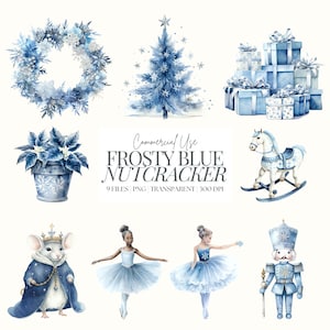 Clipart de Natal do Quebra-Nozes | PNG de Natal em Aquarela | Natal Azul | Pacote de Clipart de Quebra-Nozes | Árvore de Natal | Bailarina | Rei Rato