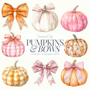 Aquarelles Citrouilles Et Noeuds Clipart | Coquette citrouilles | Citrouilles en toile | Citrouilles Vichy | Automne mignon PNG | Clipart citrouilles roses | 9 PNG