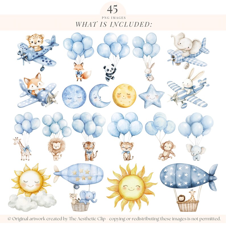 Blue Nursery Clipart | Watercolor New Baby Clipart | Blue Baby Shower Clipart | Blue Plane | Baby Boy PNG | Hot Air Balloon Clipart | 45 PNG image 3