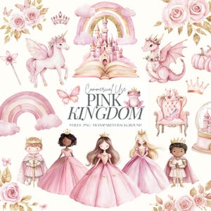 Clipart princesse rose | Clipart fée | Clipart de conte de fées | Royaume magique PNG | Princesse et prince roses | Clipart aquarelle | 45 PNG