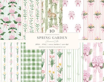Papel digital Grandmillenial / Estampado floral primaveral / Papel estilo Regencia / Descarga digital / Diseño preppy sin costuras / Álbum de recortes / 10 JPEG / PNG