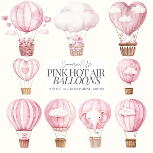 Clipart mongolfiera / Mongolfiera rosa acquerello / Clipart asilo nido rosa / Clipart baby shower rosa / Neonato rosa / 9 PNG