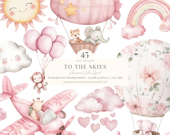 Pink Nursery Clipart | Watercolor New Baby Clipart | Pink Baby Shower Clipart | Pink Planes | Pink Safari | Hot Air Balloon Clipart | 45 PNG
