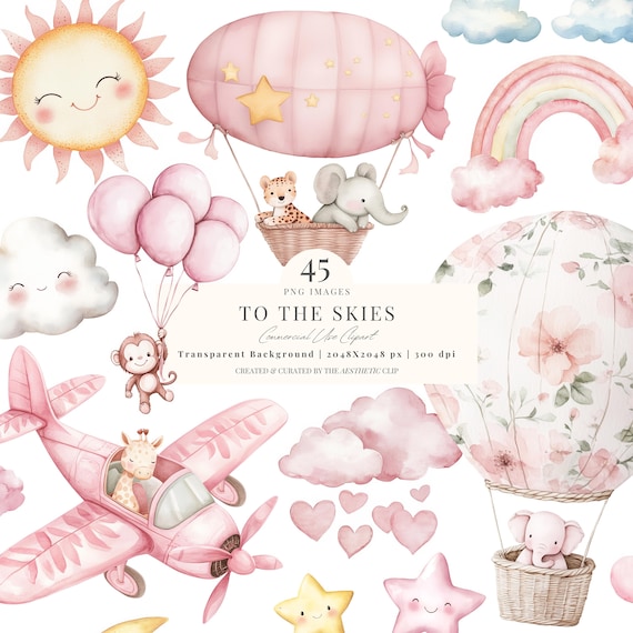 Pink Nursery Clipart | Watercolor New Baby Clipart | Pink Baby Shower Clipart | Pink Planes | Pink Safari | Hot Air Balloon Clipart | 45 PNG