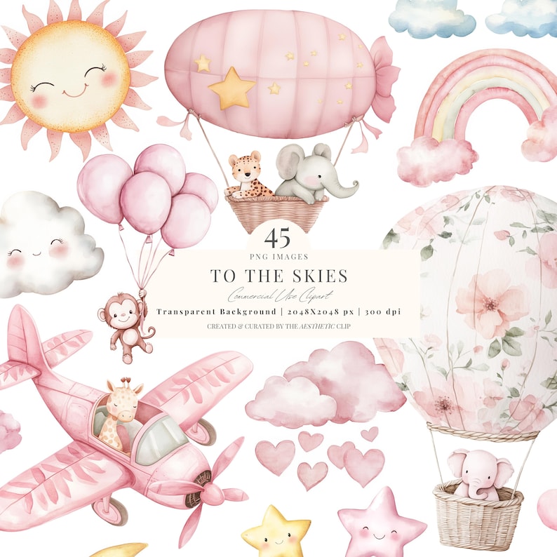 Clipart de guardería rosa / Clipart de bebé recién nacido en acuarela / Clipart de baby shower rosa / Aviones rosas / Safari rosa / Clipart de globo aerostático / 45 PNG imagen 1