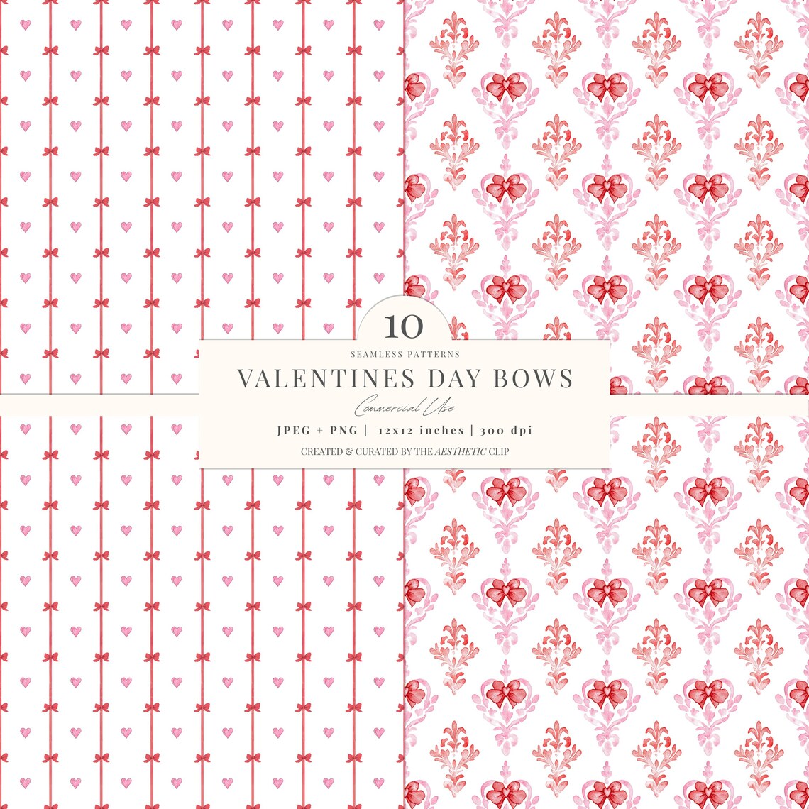 Valentines Day Digital Paper | Romantic Bows Pattern | Hearts ...