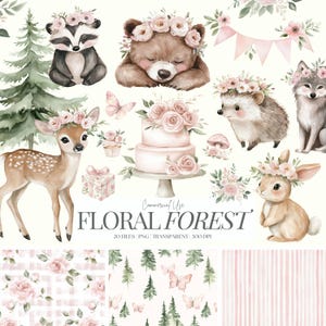 Clipart de bosque boho / Animales del bosque rosa / Baby Shower de niña en el bosque / Clipart de guardería rosa / Bosques florales / Animales bebés PNG / 20 PNG