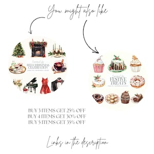 May include: A digital illustration of two sets of Christmas themed clipart. The first set features a fireplace, a Christmas tree, a glass of red wine, a piano, a red dress, and a man in a suit. The second set features a cupcake, a cake, a donut, a plate of cookies, a cupcake, and a chocolate roll. The text "Coral Use Red Christmas Celebration" and "Coral Use Festive Treats" are included in the image. The text "Buy 3 items get 25% off, Buy 4 items get 30% off, Buy 5 items get 35% off" and "Links in the description" are also included in the image.