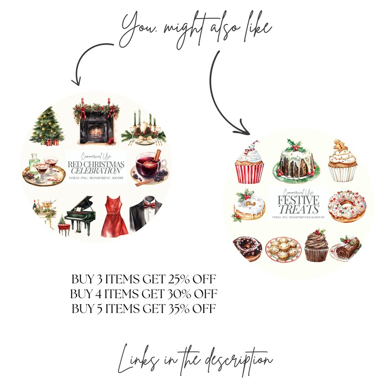 May include: A digital illustration of two sets of Christmas themed clipart. The first set features a fireplace, a Christmas tree, a glass of red wine, a piano, a red dress, and a man in a suit. The second set features a cupcake, a cake, a donut, a plate of cookies, a cupcake, and a chocolate roll. The text "Coral Use Red Christmas Celebration" and "Coral Use Festive Treats" are included in the image. The text "Buy 3 items get 25% off, Buy 4 items get 30% off, Buy 5 items get 35% off" and "Links in the description" are also included in the image.