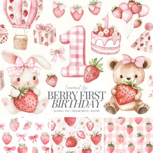 Beere Erster Geburtstag | Transparentes Png | Erdbeeren Clipart | Beere süße Babyparty Png | Erdbeeren | Erdbeer Mädchen | 20 PNG