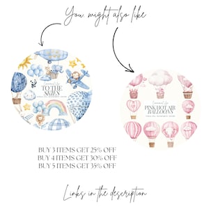 Puede incluir: Dos conjuntos de ilustraciones de acuarela que representan globos aerost&aacute;ticos con personajes de animales. El primer conjunto es azul y presenta un arco&iacute;ris, nubes y el texto "To the Skies". El segundo conjunto es rosa y presenta corazones, nubes y el texto "Pink Hot Air Balloons".