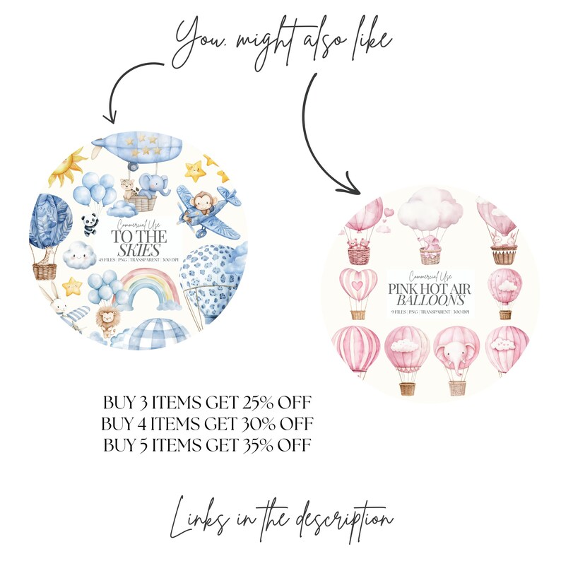 Puede incluir: Dos conjuntos de ilustraciones de acuarela que representan globos aerost&aacute;ticos con personajes de animales. El primer conjunto es azul y presenta un arco&iacute;ris, nubes y el texto "To the Skies". El segundo conjunto es rosa y presenta corazones, nubes y el texto "Pink Hot Air Balloons".