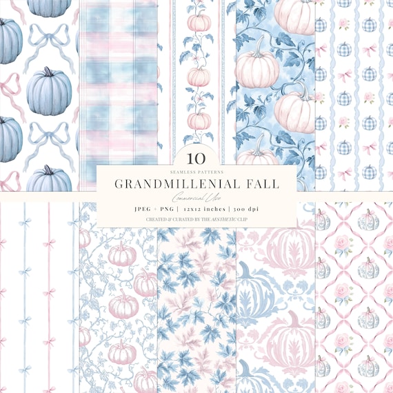 Fall Seamless Pattern | Preppy Pumpkin Digital Paper | Grandmillenial Fall Background | Autumn Toile De Juoy | 10 JPEG | PNG