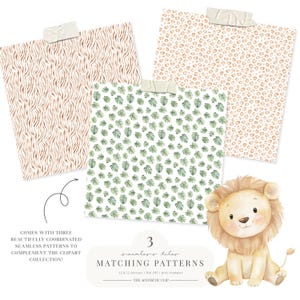 K&ouml;nnte beinhalten: Drei nahtlose Muster mit Tiermotiven und tropischen Blattdesigns werden gezeigt. Eine niedliche L&ouml;wenjunge-Illustration befindet sich unten rechts. Der Text lautet "Matching Patterns" und "12 x 12 Zoll".