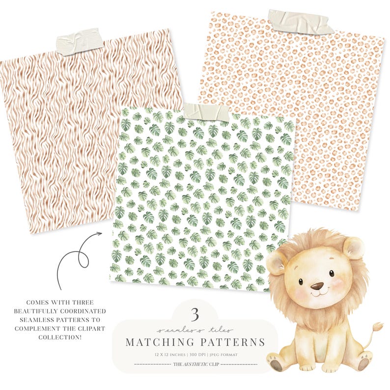 K&ouml;nnte beinhalten: Drei nahtlose Muster mit Tiermotiven und tropischen Blattdesigns werden gezeigt. Eine niedliche L&ouml;wenjunge-Illustration befindet sich unten rechts. Der Text lautet "Matching Patterns" und "12 x 12 Zoll".