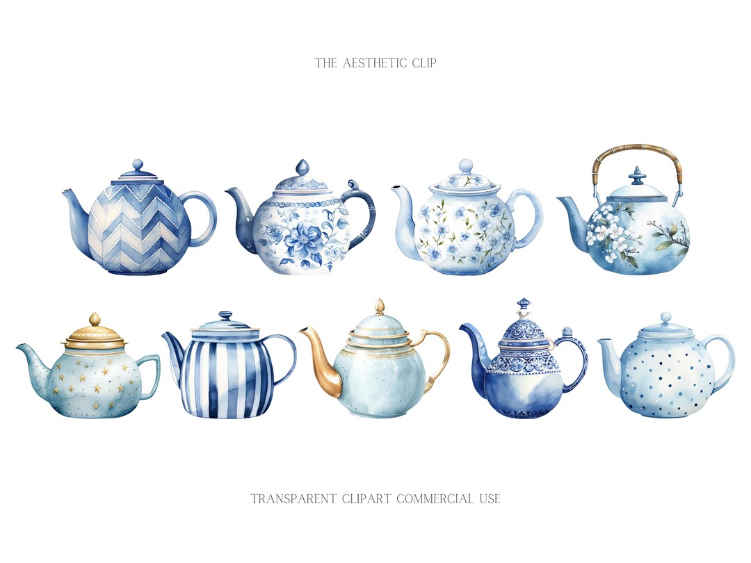 Blue Teapots Clipart Blue Tea Party PNG Bundle Picnic Flowers Chinoiserie Cute Tea Party Teatime
