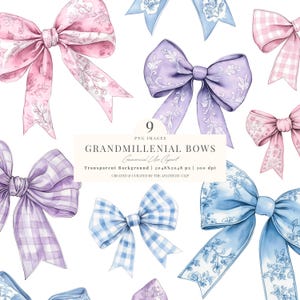 Grandmillenial Bogen Clipart | Aquarell Bögen | Kokette Bögen Clipart | Pastell Farbband PNG | Blau |  Lila | Rosa | Toile Baby Mädchen | 9 PNG