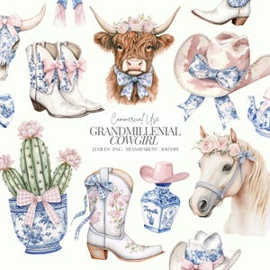 Coquette cowgirl-clipart | Coquette western, png-bestand | Grandmillenial cowgirl, png-bestand | Howdy-ontwerp | Toile Cowgirl | Hooglandkoe | 12 png