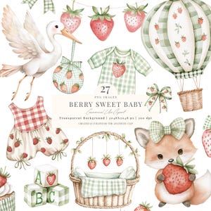 Beeren Süße Lieferung | Erdbeer-Babyparty | Erdbeeren Clipart | Dummer Gans | Beere Erster Geburtstag | Erdbeer Kinderzimmer | 27 PNG
