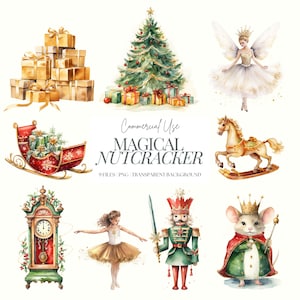 Gouden notenkraker kerstclipart | Aquarel kerst, png | Gouden kerst | Clipartbundel met notenkraker | Fee | Ballerina | Muizenkoning