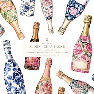 Champagne Clipart | Toile Champagne PNG | Preppy Prosecco | Floral Champagne | Bridal Shower | Wedding PNG | Coquette Champagne | 9 PNG