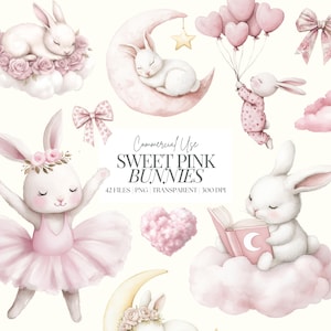 Niedliche rosa Häschen Clipart | Boho Rosa Häschen | Ballerina Häschen | Kaninchen-Babyparty | Aquarell schlafende Hasen | Kinderzimmer Hase | 42 PNG