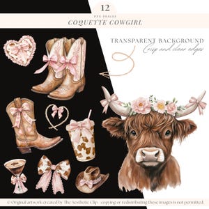 Coquette Cowgirl Clipart | Coquette Western PNG | Bow-girl | Bonjour la conception | Vache Highland | Rose Cowgirl PNG | noeud rose | 12 PNG image 3