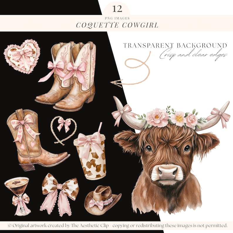 Coquette Cowgirl Clipart | Coquette Western PNG | Bow-girl | Bonjour la conception | Vache Highland | Rose Cowgirl PNG | noeud rose | 12 PNG image 3