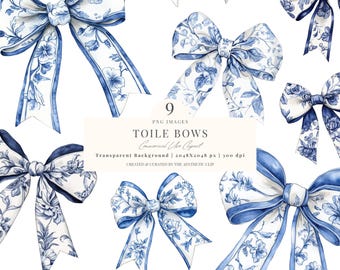 Blue Toile Bows Clipart | Watercolor Bows | Blue Bows Clipart | Coquette Bow PNG | Chinoiserie Bow | Bow Sublimation | 9 PNG